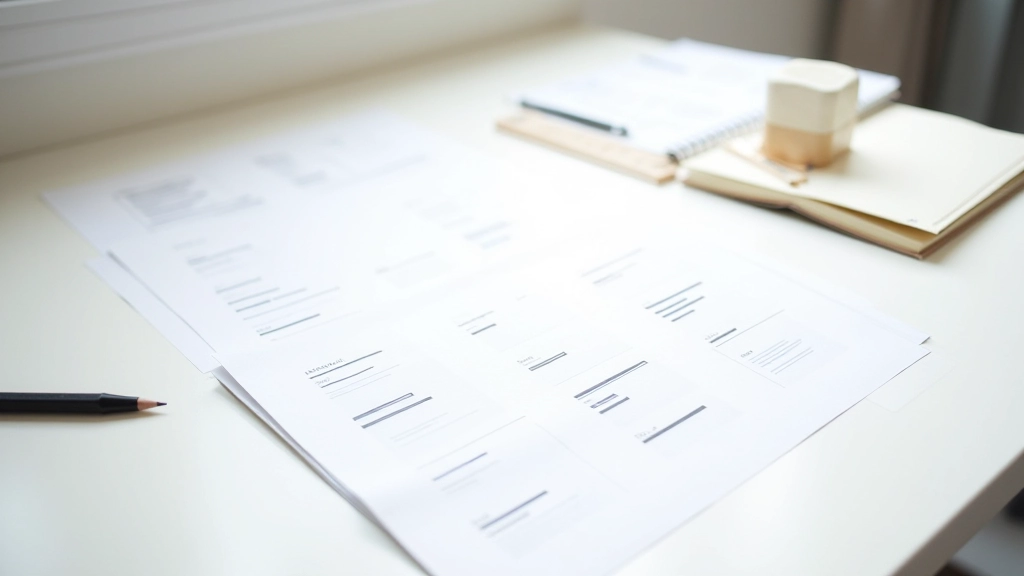 Wireframe sketches and wireframing tools spread across a workspace with notebook and pen