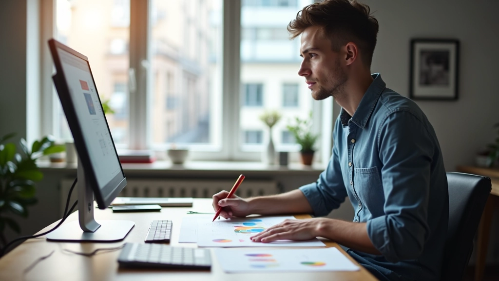 Designer working at desk with sketches, color swatches, and Figma displayed on monitor