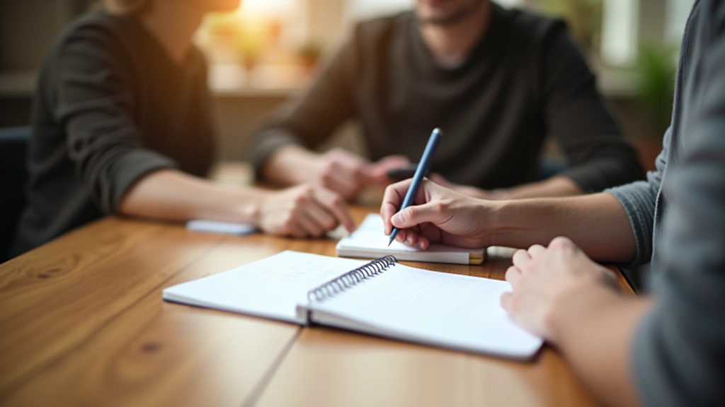 Person writing notes during user interview session at table with coffee and notebook