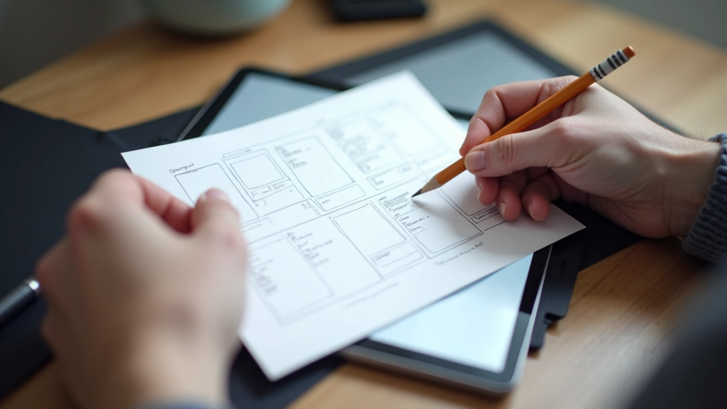 Stappen van papieren schets naar digitale wireframe, toont evolutie van design proces