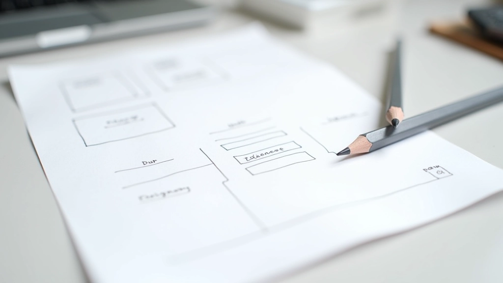 Potloodschetsen van wireframes op papier, laat layout en hiërarchie zien zonder kleuren of afbeeldingen