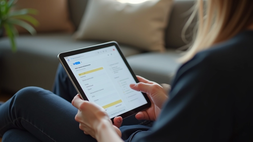 Person completing online survey on tablet while seated comfortably at home