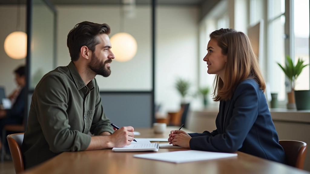 UX researcher conducting interview with participant in office setting, taking notes
