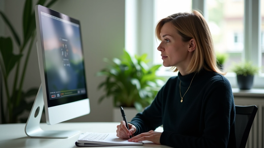 Designer analyzing usability test videos and notes on large monitor